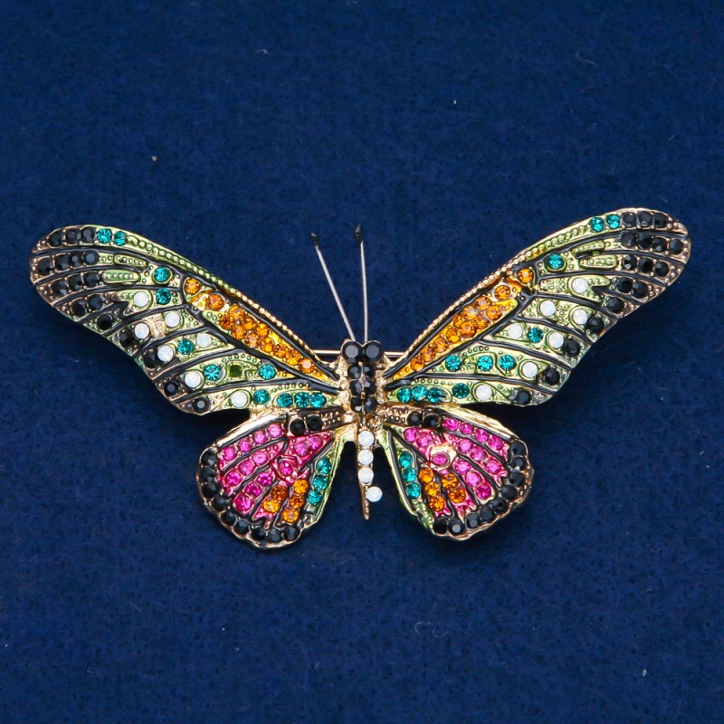 Discount! Butterfly Brooch in gold-toned metal, multicolored rhinestones 42x82mm +
