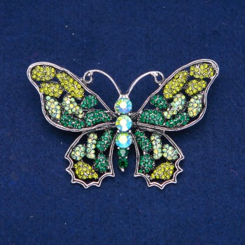 Discount! Butterfly Brooch in silvery metal, green, light-green, and petrol crystals 48x71mm +