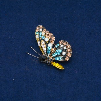 Sale! Butterfly Brooch in gold-tone metal, multicolored rhinestones 40x28mm +