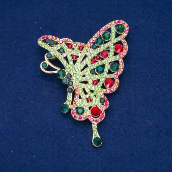 Sale! Butterfly Brooch with Lime, Green, Burgundy and Petrol Crystals, Gold-tone Metal 75×50 mm +