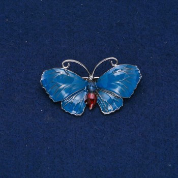 Sale! Butterfly Brooch - silver-tone metal, enamel, blue rhinestone 48x27mm +