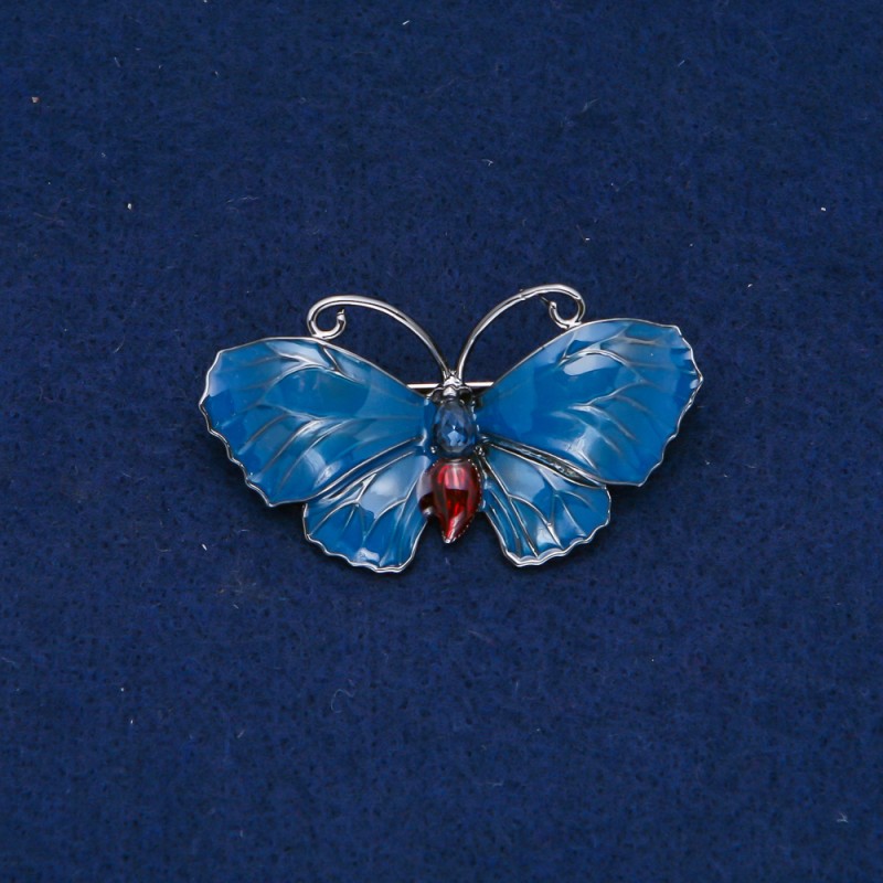Sale! Butterfly Brooch - silver-tone metal, enamel, blue rhinestone 48x27mm +
