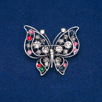 Discount! Butterfly Brooch with silver-colored metal, pink, gray and petrol crystals, 46x52 mm +