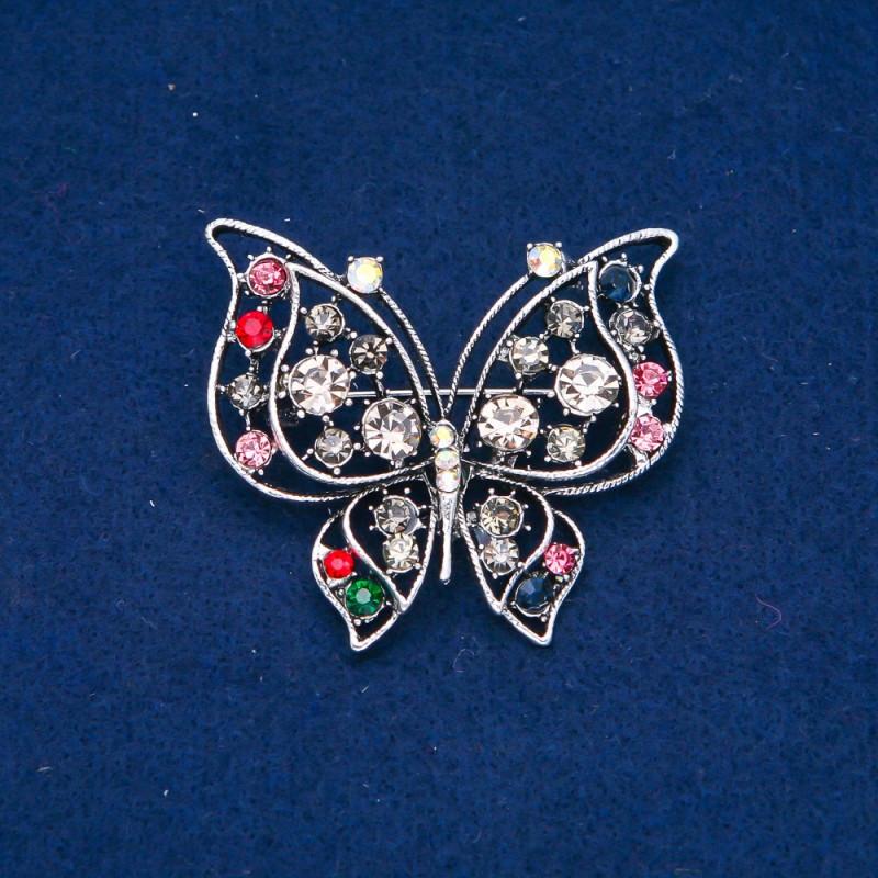 Discount! Butterfly Brooch with silver-colored metal, pink, gray and petrol crystals, 46x52 mm +