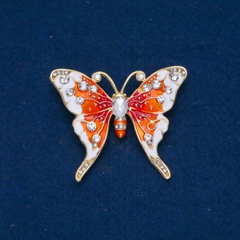 Discount! Gold-toned metal butterfly brooch with enamel and white crystals, 43x52mm +