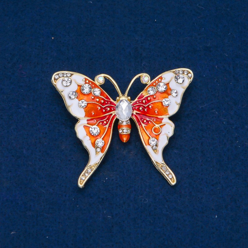 Discount! Gold-toned metal butterfly brooch with enamel and white crystals, 43x52mm +