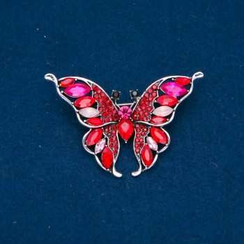 Discount! Silver Butterfly Brooch with Crystals in Red, Pink, and White, 37×60 mm +