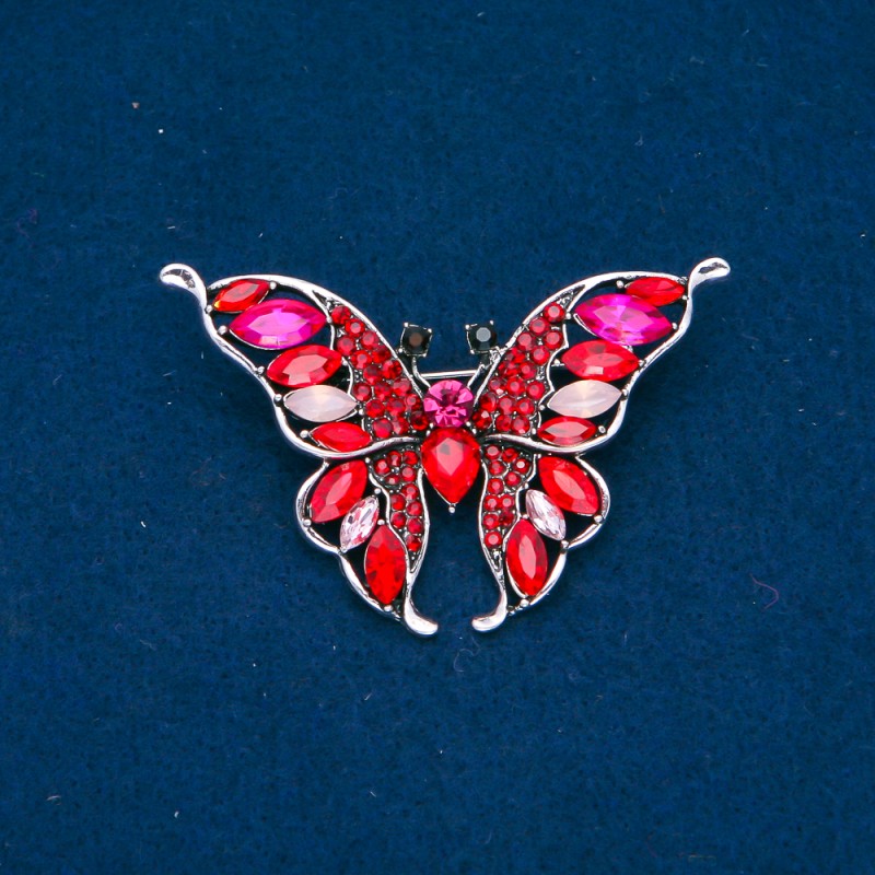 Discount! Silver Butterfly Brooch with Crystals in Red, Pink, and White, 37×60 mm +