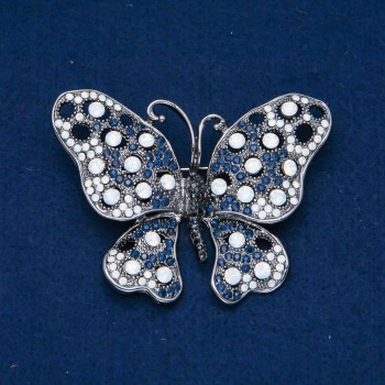 Discount! Butterfly Brooch in Silver-Tone Metal, Black, Blue, and White Crystals, 50×66 mm +