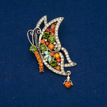 Sale! Gold-tone Butterfly Brooch with gold-tone, green and yellow crystals, 38x60 mm +