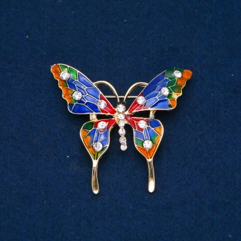 Discount! Butterfly Brooch in gold-tone metal, enamel and white crystals 48x54mm +