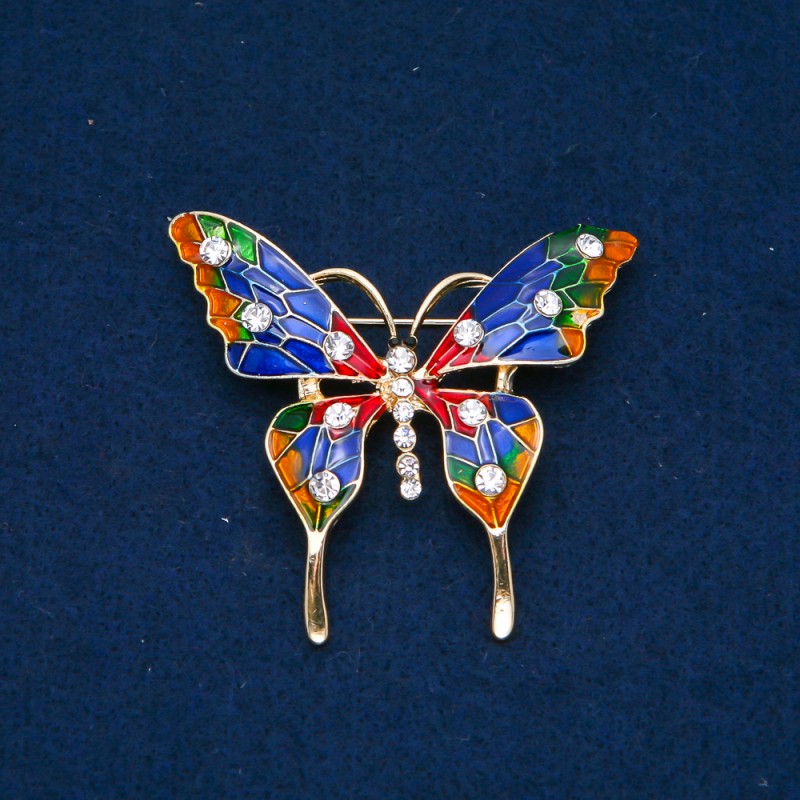 Discount! Butterfly Brooch in gold-tone metal, enamel and white crystals 48x54mm +