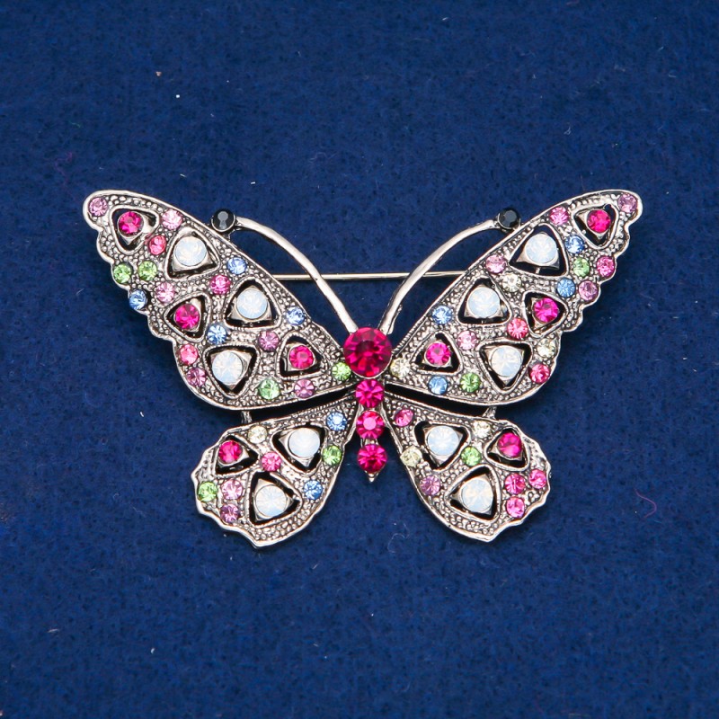 Discount! Butterfly Brooch in gold-tone metal, multicolored crystals 46x70mm +