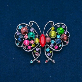 Sale! Butterfly Brooch, silver metal with multicolored rhinestones, 48x60 mm +