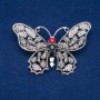 Sale! Butterfly Brooch, silver-toned metal, gray, white, and red rhinestones 50x70mm +