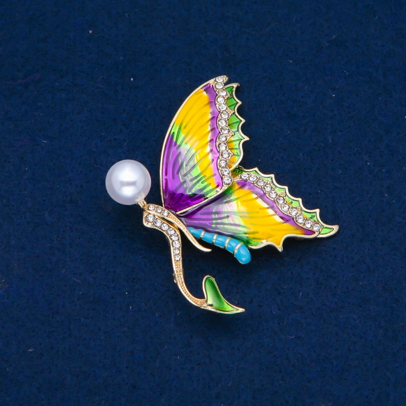 Discount! Golden metal butterfly brooch, enamel, white crystals and bead 53x44mm +
