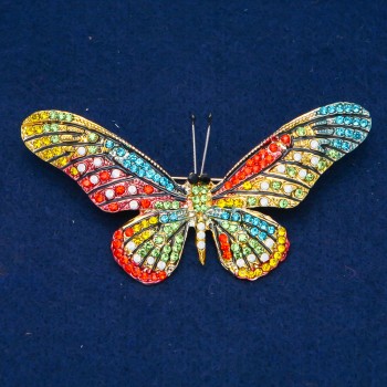 Discount! Butterfly Brooch in Gold-Tone Metal with Multicolored Rhinestones 43x82 mm +