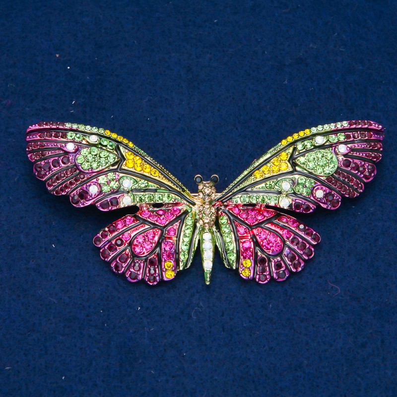 Discount! Gold-tone Butterfly Brooch with enamel and multicolored crystals 35x82 mm +