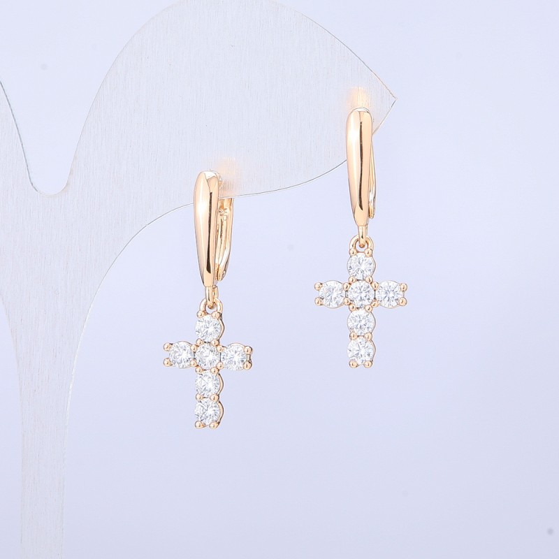 Xuping 18K Gold Plated Earrings 'Cross with White Crystals' 28x10mm +