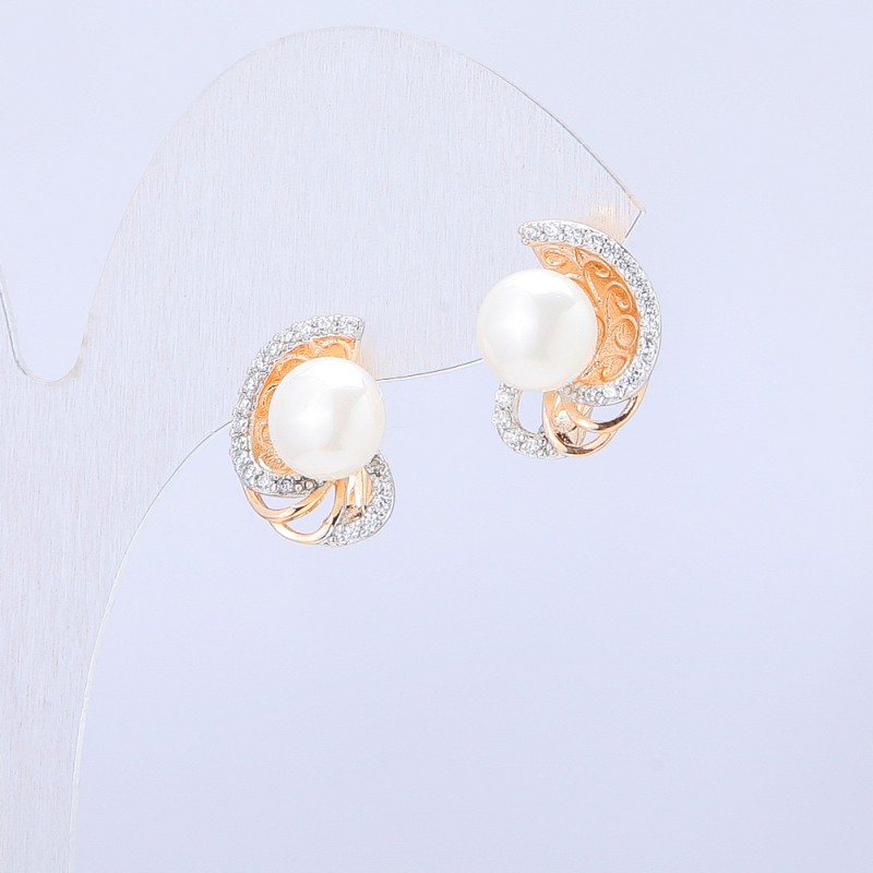 Xuping Earrings 18K Gold Plating with White Crystals and Majorca Pearls, 15x11 mm +