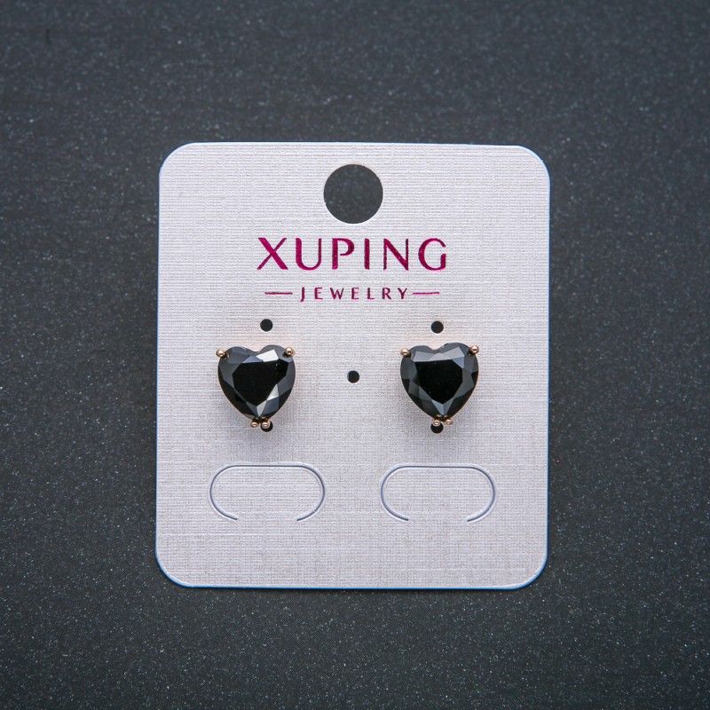 Heart Earrings by Xuping - Heart Stud Earrings, 18K Gold Plating with Black Crystal, 9mm Diameter +