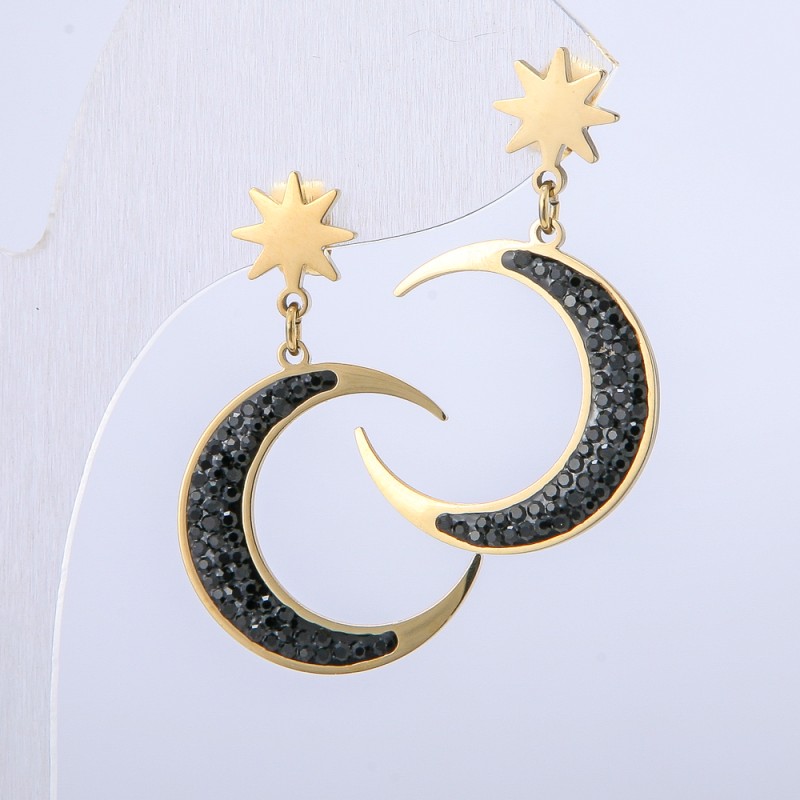 Discount! Moon Stud Earrings Xuping with Black Crystals, 18K Gold Plating, diameter 20 mm, length 32 mm
