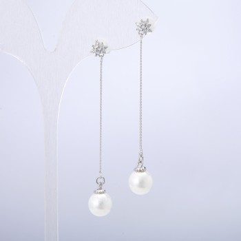 Discount! Xuping Stud Earrings in Rhodium with White Bead and White Crystals, diameter 8.8 mm, length 60 mm