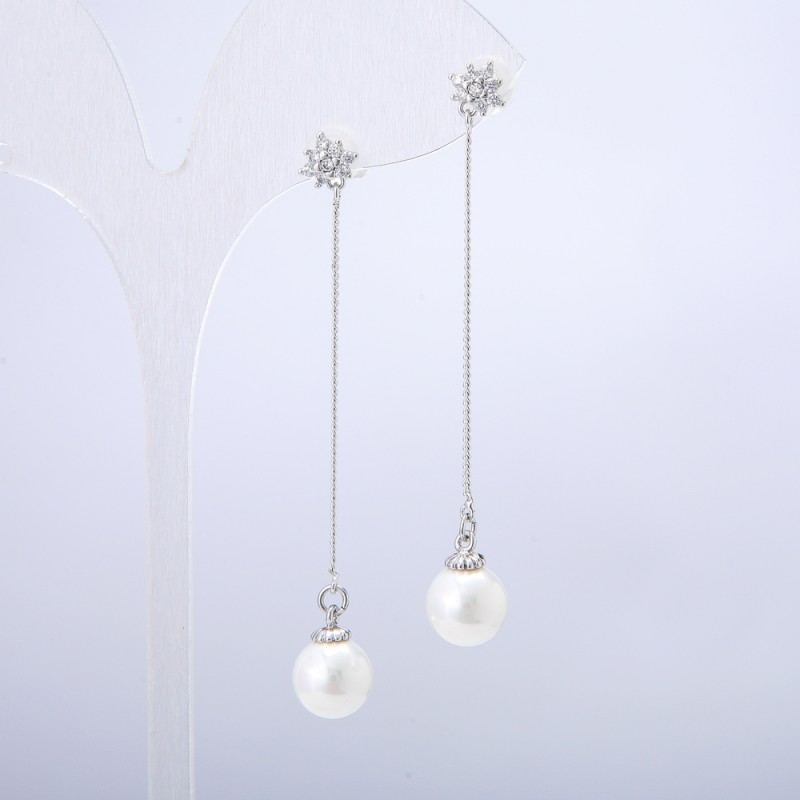 Discount! Xuping Stud Earrings in Rhodium with White Bead and White Crystals, diameter 8.8 mm, length 60 mm