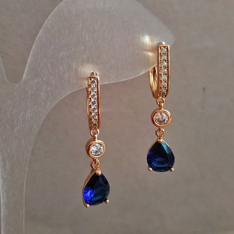 Earrings Xuping 18K Gold Plating with White Crystals and Dark Blue Crystal, Diameter 7 mm + -, Length 33 mm +