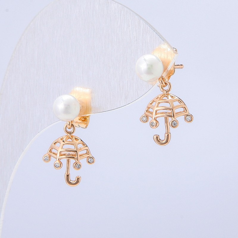 Stud earrings Umbrella Xuping 18K gold plating with white crystals and a bead, diameter 18x10mm +