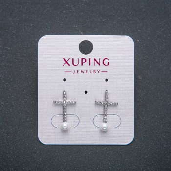Cross Stud Earrings Xuping Rhodium-Plated with White Crystals and Bead