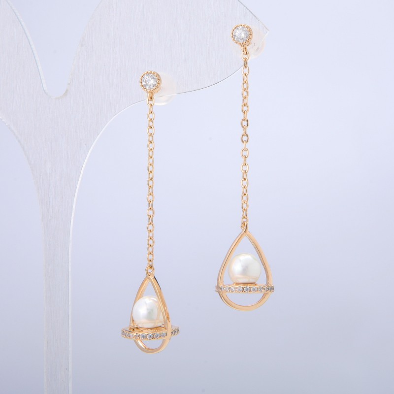 Xuping 18K Gold-Plated Stud Earrings with White Crystals and Bead, 10.5 mm Diameter, 50 mm Length