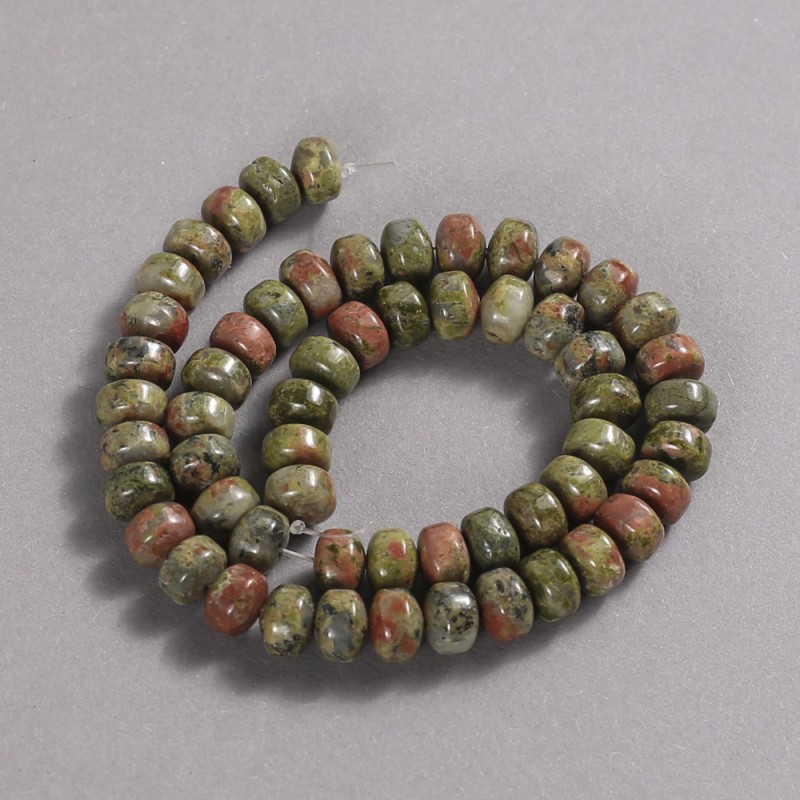 Beads on a strand of natural stone Jasper, Heliotrope, Unakite; smooth rondelle, diameter 9x7 mm, length 39 cm