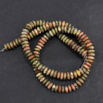 Beads on a strand of natural stone: Jasper, Heliotrope, and Unakite smooth rondelle, 6x3 mm, length 39 cm