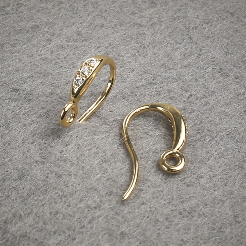 Ear hooks for earrings with white crystals, yellow metal 14×2.5 mm pair