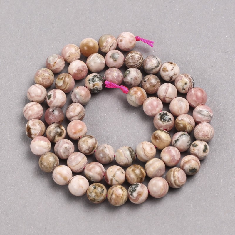 Rhodonite Beads on Thread, Natural Stone, Smooth Round Beads, Diameter 6.5 mm, Length 38 cm