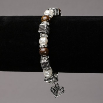 Elastic bracelet with river pearls and tiger's eye, featuring silver inserts, rhinestones and pendants, diameter 8mm±, length 18cm±