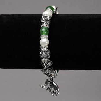 Elastic bracelet with river pearls and Chrysoprase, with silver inserts, crystals and pendants, diameter 8 mm, length 18 cm