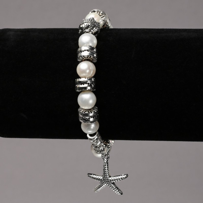 Elastic bracelet with freshwater pearls, silver inserts and pendants, 8 mm diameter, 18 cm length