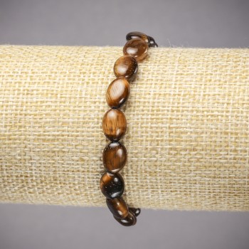 Elastic bracelet with natural Tiger's Eye stone, smooth oval beads, diameter 10×8 mm, length 18 cm
