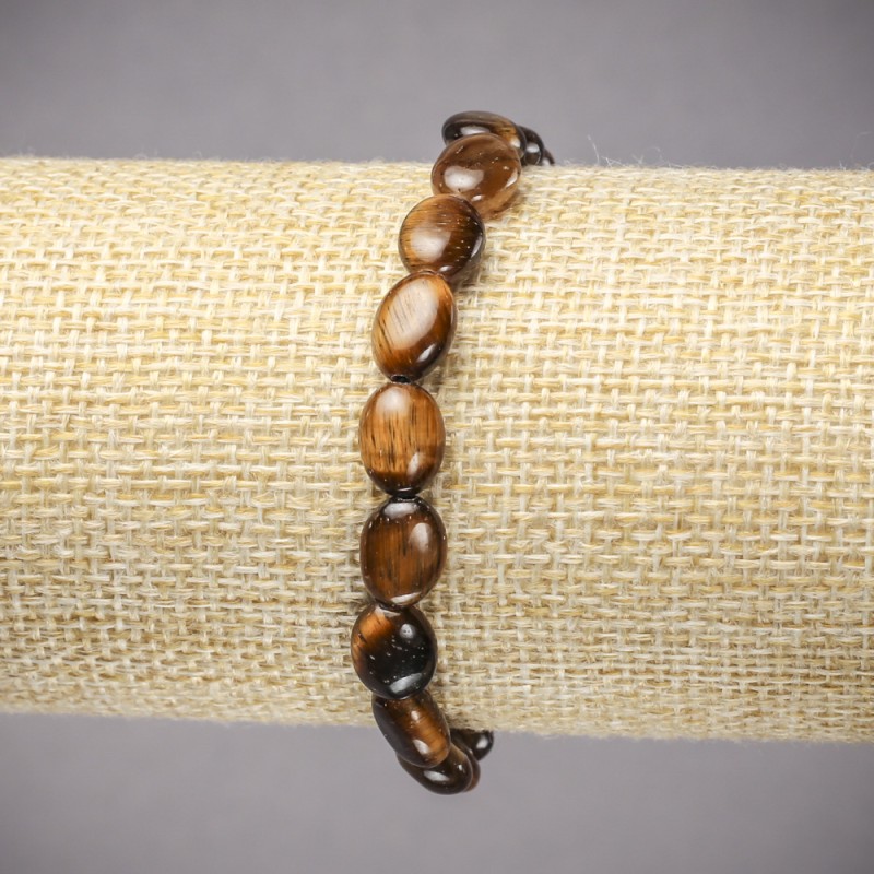 Elastic bracelet with natural Tiger's Eye stone, smooth oval beads, diameter 10×8 mm, length 18 cm
