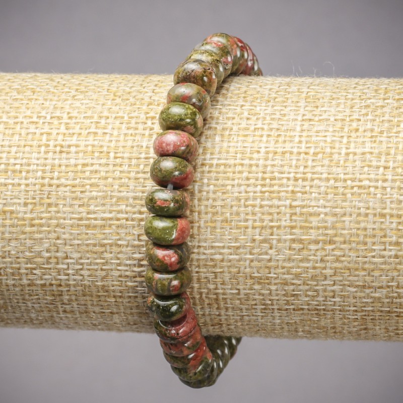 Elastic bracelet with natural stones: Jasper, Heliotrope, Unakite; smooth rondelles, diameter 8×5 mm, length 18 cm