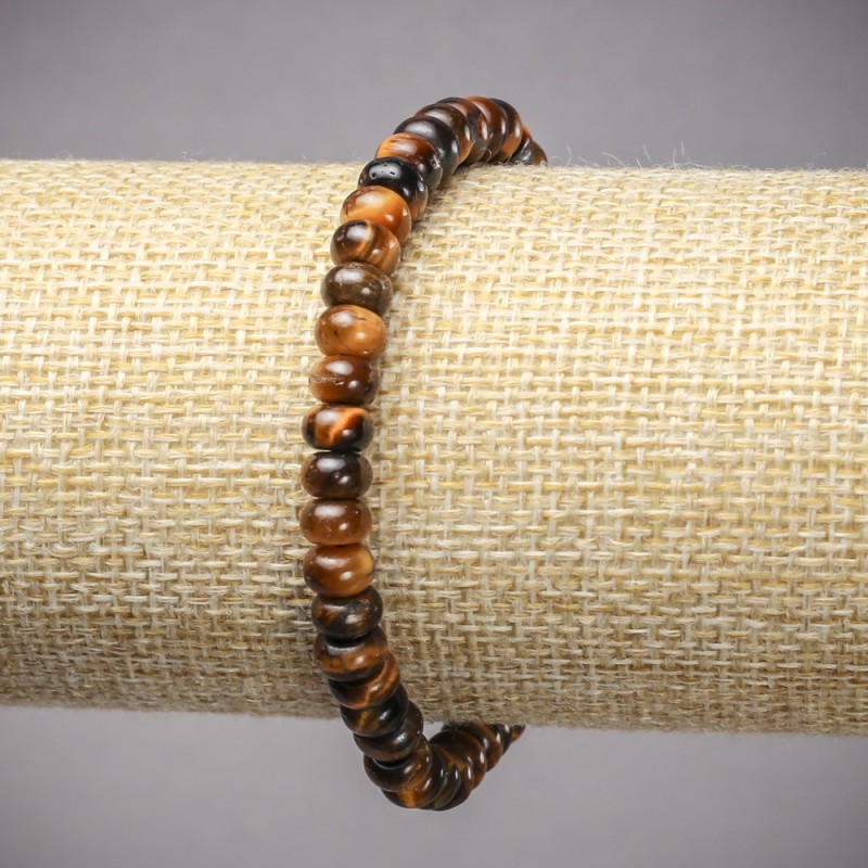 Elastic bracelet with natural Tiger's Eye stone, smooth rondel beads, diameter 6x4 mm, length 18 cm