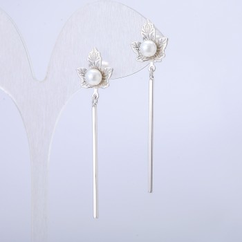 Xuping Rhodium-Plated Stud Earrings with White Seed Bead, diameter 50x12 mm