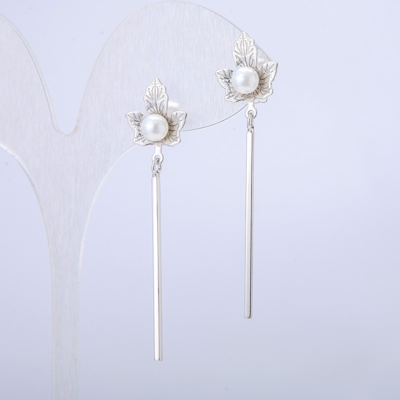 Xuping Rhodium-Plated Stud Earrings with White Seed Bead, diameter 50x12 mm