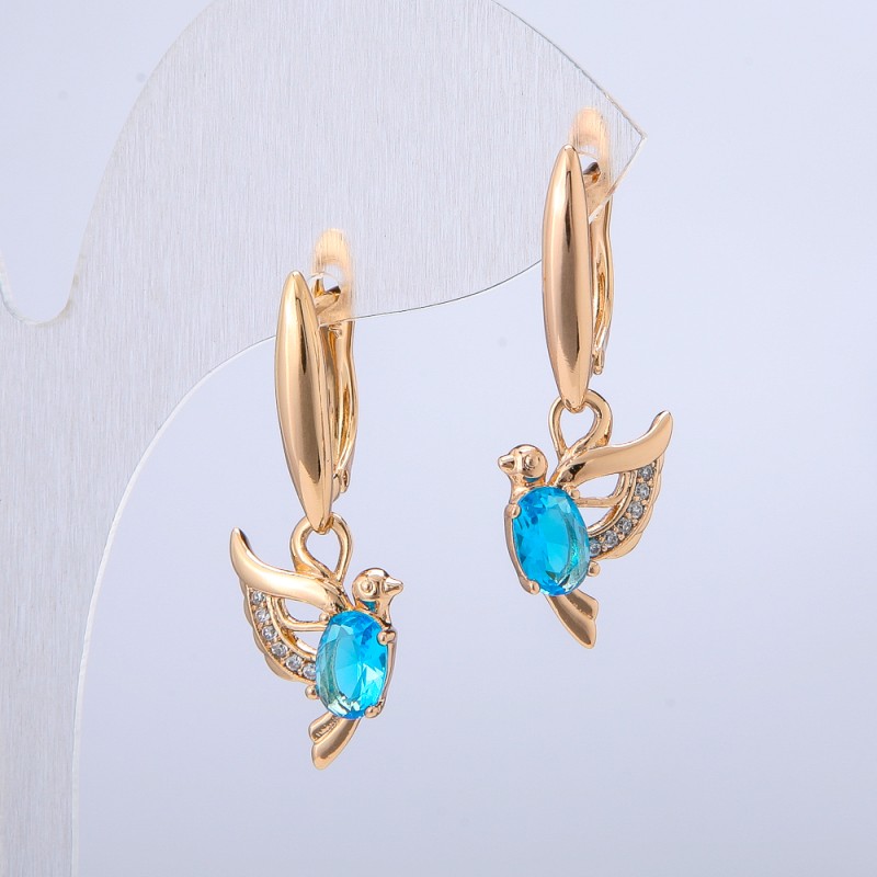 Earrings 'Birds' Xuping with 18K gold plating, white rhinestones and blue crystals, diameter 32x12 mm +