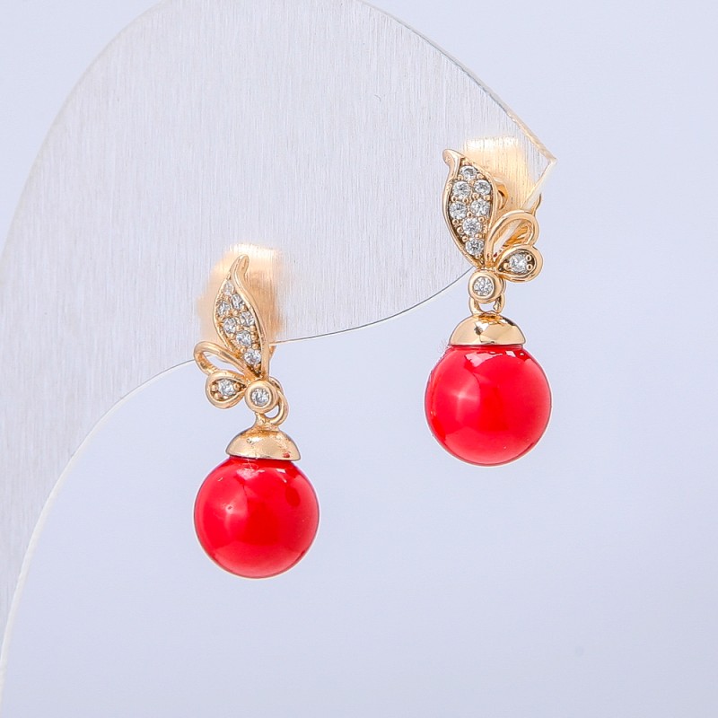 Xuping 18K Gold-Plated Stud Earrings with White Crystals and Red Bead, 20×8 mm diameter +