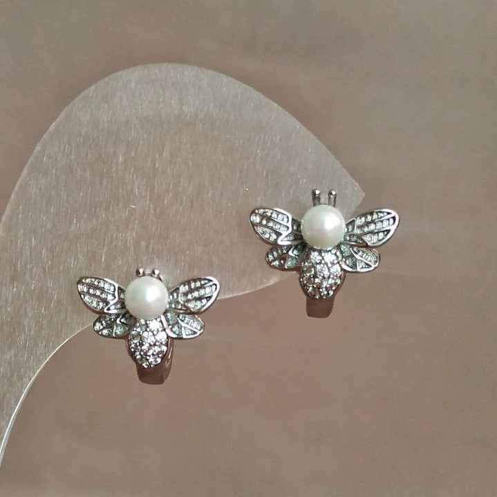 Earrings Xuping Rhodium with white crystals and white Majorca pearl bead, 14mm diameter +