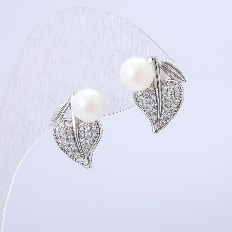 Earrings Xuping Rhodium-plated with White Crystals and Mallorca Pearl Bead, diameter 16x14 mm +