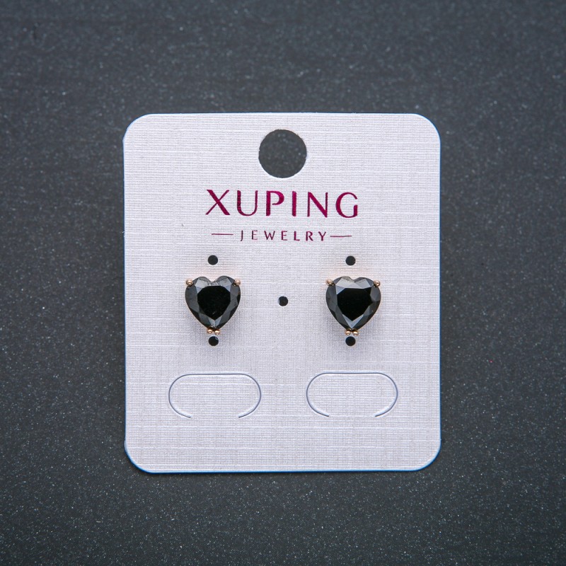 Heart Earrings Xuping - Stud Earrings with 18K Gold Plating and Black Crystal, 8 mm Diameter